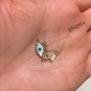 14k solid yellow Gold Bracelet with light Blue Evil Eye mother of pearl Charm